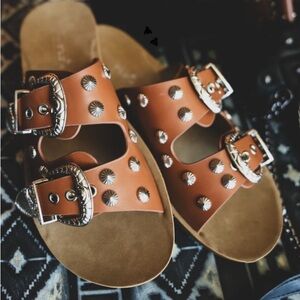 Studded Brown Sandals with Silver Buckles